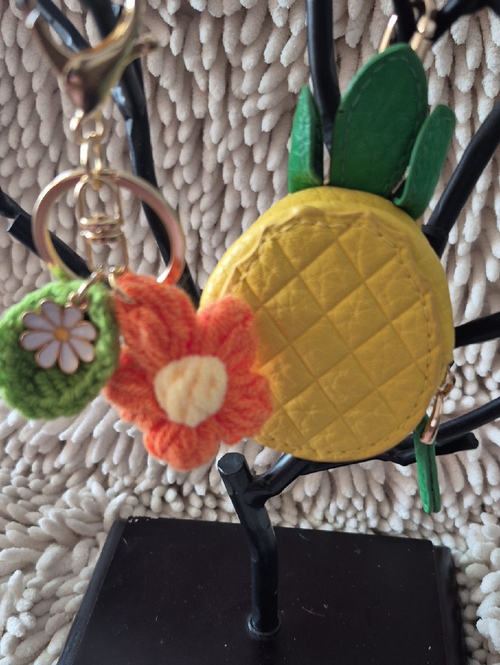 Pineapple Coin Pouch Keychain AND Crocheted Floral Charm Keychain [K12]